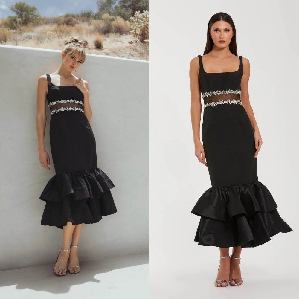 NWT Mac Duggal Black‎ Crepe Ruffle Hem Midi Dress With Jewel Detail - Size 8